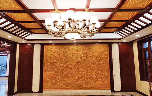 上林中式别墅客厅中式木作横梁吊顶装饰展示
