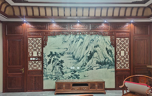 上林中式仿古别墅客厅背景墙花格木作装饰